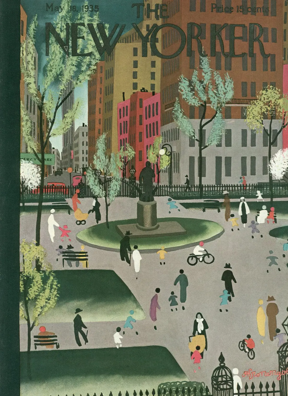 The Edwin Booth statue seen through leafy branches and the Park fence on a green, black and gold New Yorker cover.