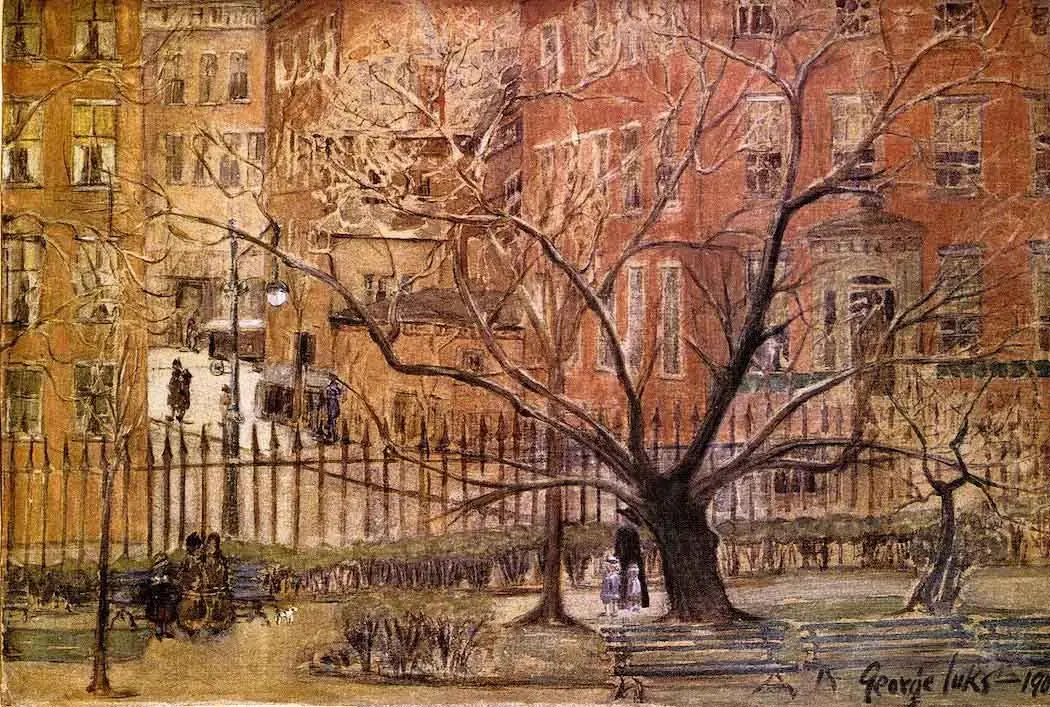 Bare branches spread across a view of Gramercy Park, with benches and figures beneath them and warm-colored facades beyond the fence.