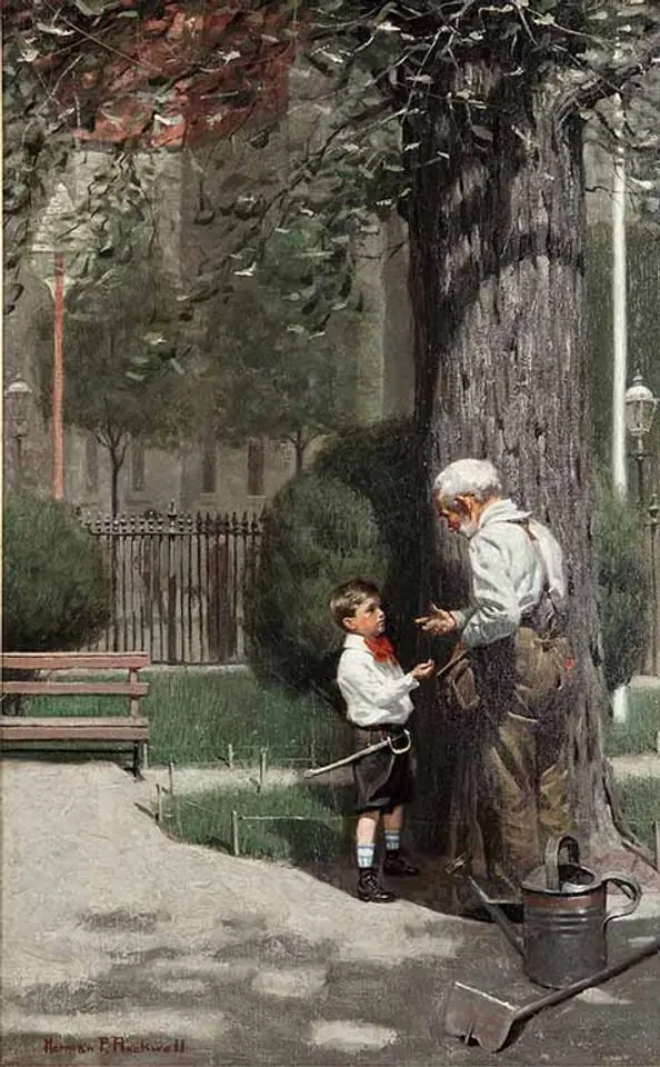 A boy speaks with a gardener beneath a large tree, with gardening tools nearby and the Park fence behind them.