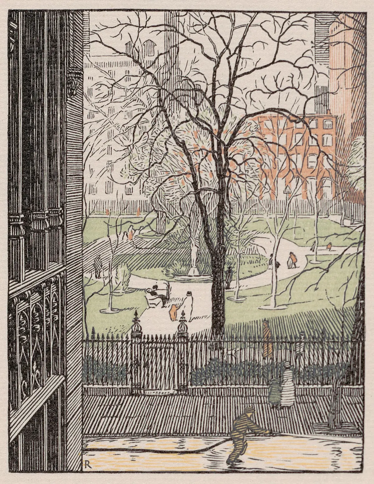 A wood engraving with Gothic windows and stonework at No. 36 framing the paths and trees of Gramercy Park.