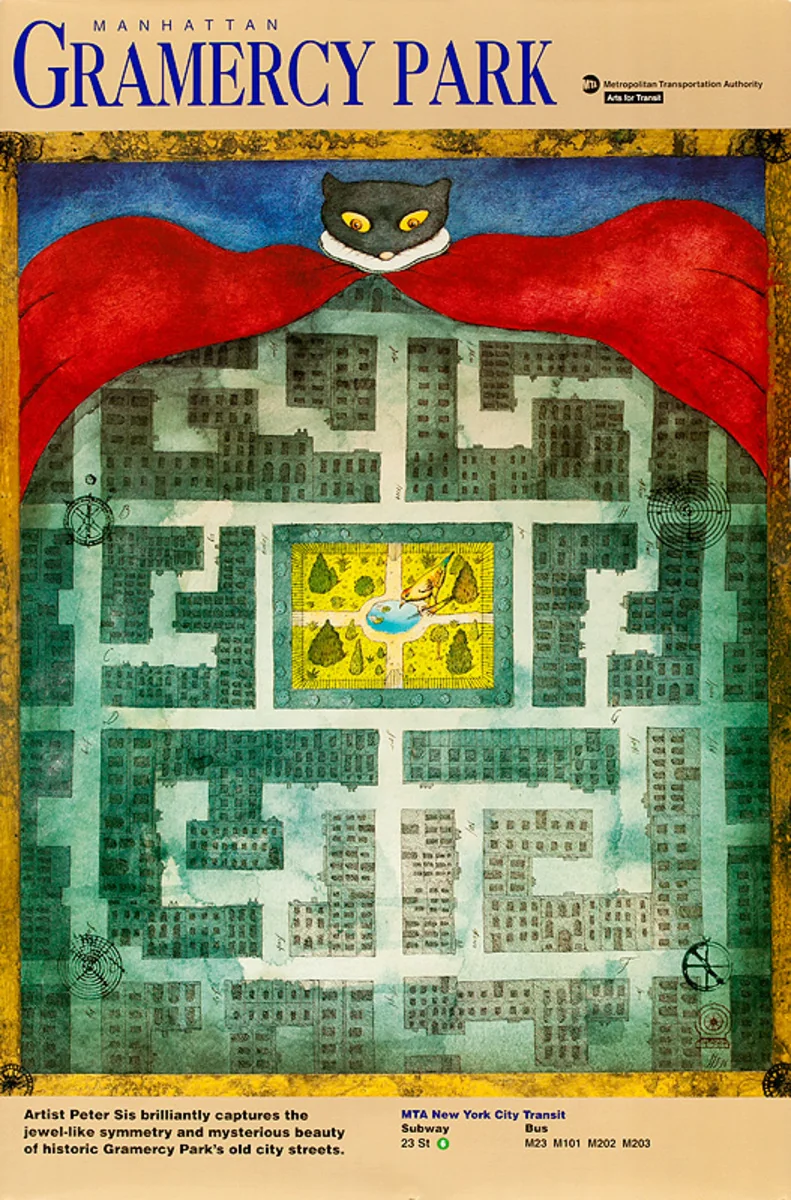 A yellow-eyed cat and a sweeping red cape above a map-like grid of blue-green city blocks, with Gramercy Park picked out in bright yellow and green.