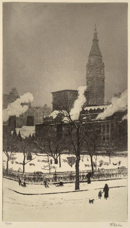 A winter etching of snow-covered Gramercy Park, with bare trees, pedestrians, a dog and a tall clock tower behind the rooftops.