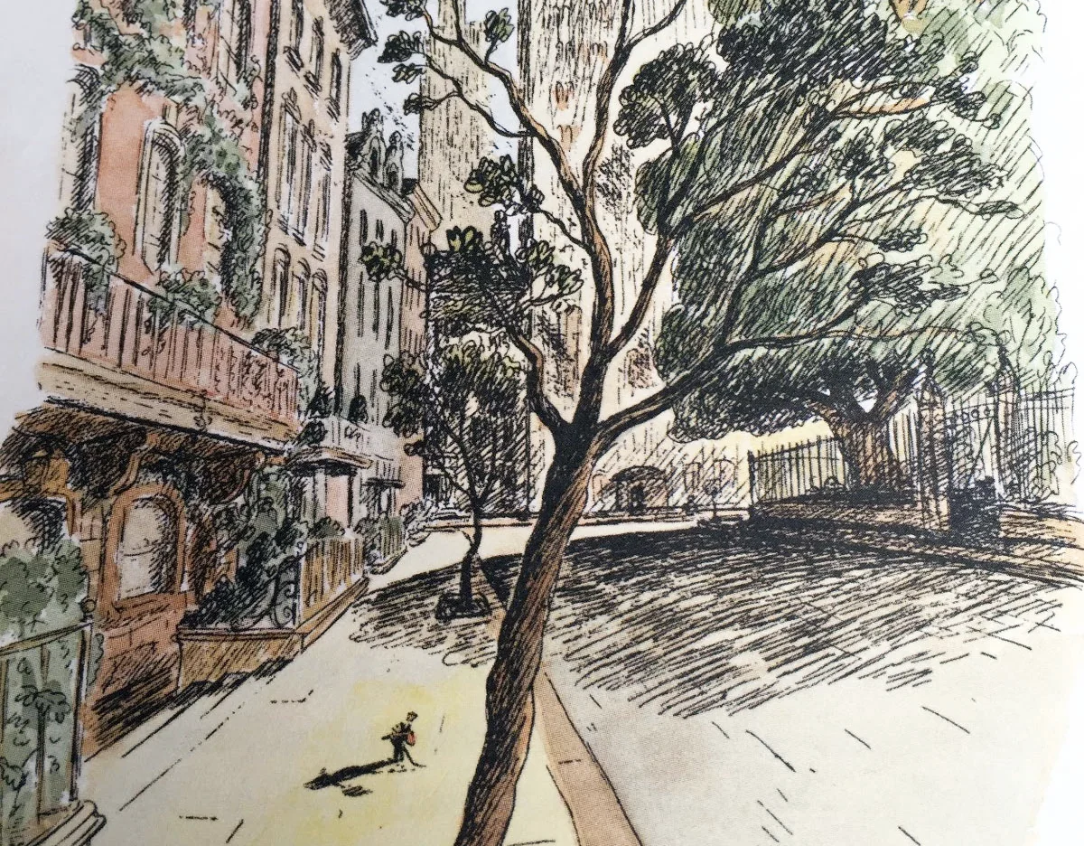 Color reproduction of Stuart Little on a sidewalk beside brownstone houses, a large tree and a fenced park.