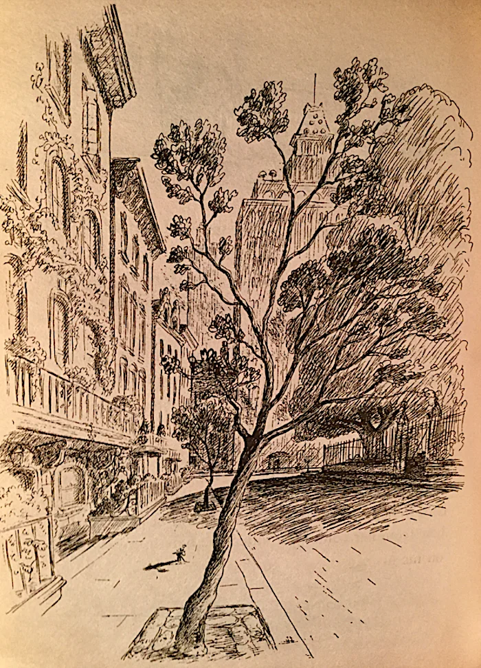 Garth Williams’s drawing of the tiny Stuart Little on a sidewalk beside tall houses, a large tree and a fenced park, with towers in the distance.