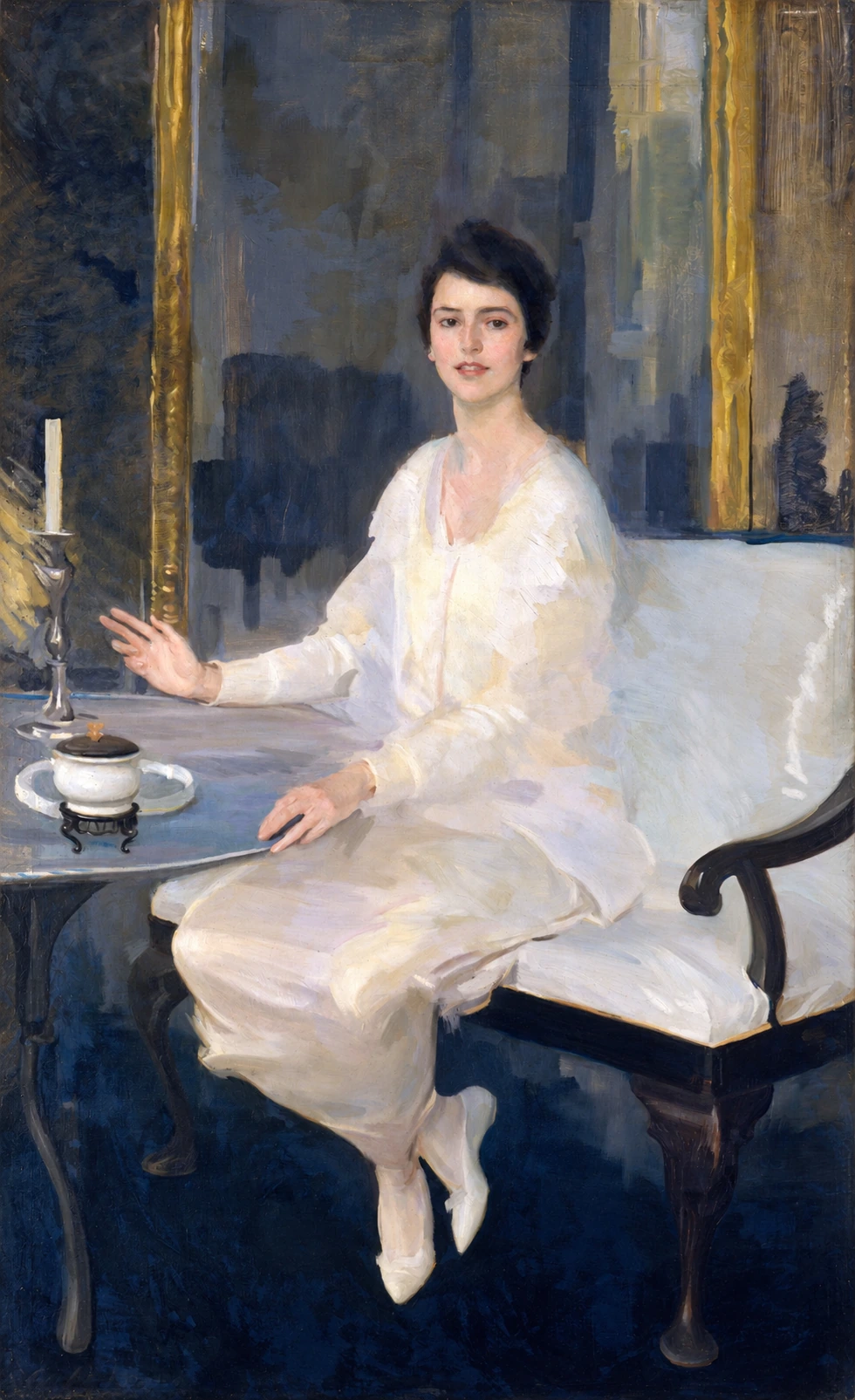 Full-length painted portrait of Ernesta Drinker in a white dress, seated beside a tea table.