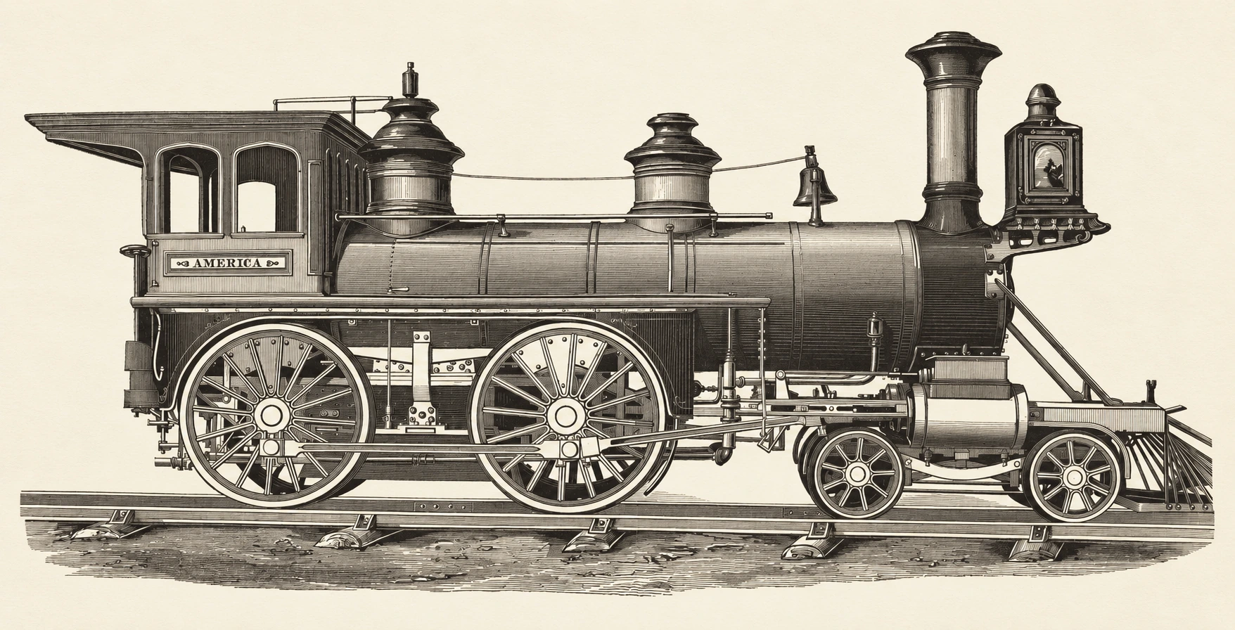 Side-view engraving of the steam locomotive America, with large driving wheels, decorated cab, and prominent headlamp.