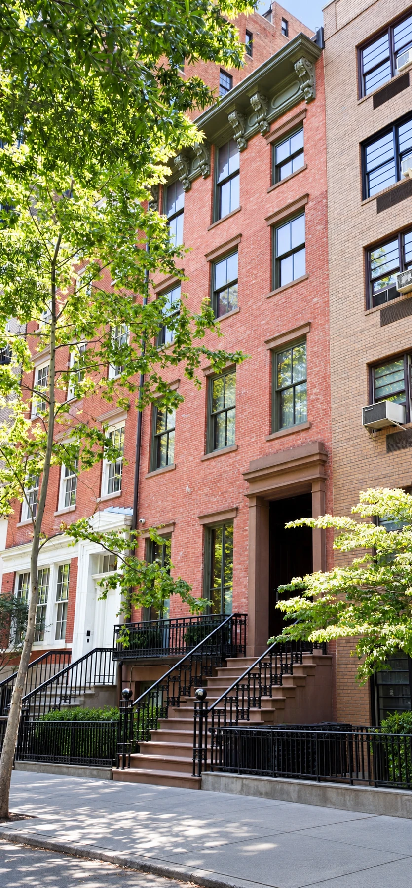 22 Gramercy Park South in 2016: brick, brownstone, and a bracketed cornice above the Park’s trees.
