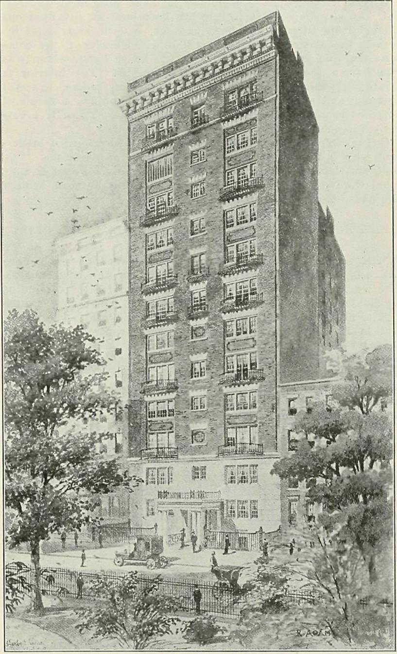 A 1909 illustration showing the tall brick facade, entrance portico and balconies of 24 Gramercy Park South.