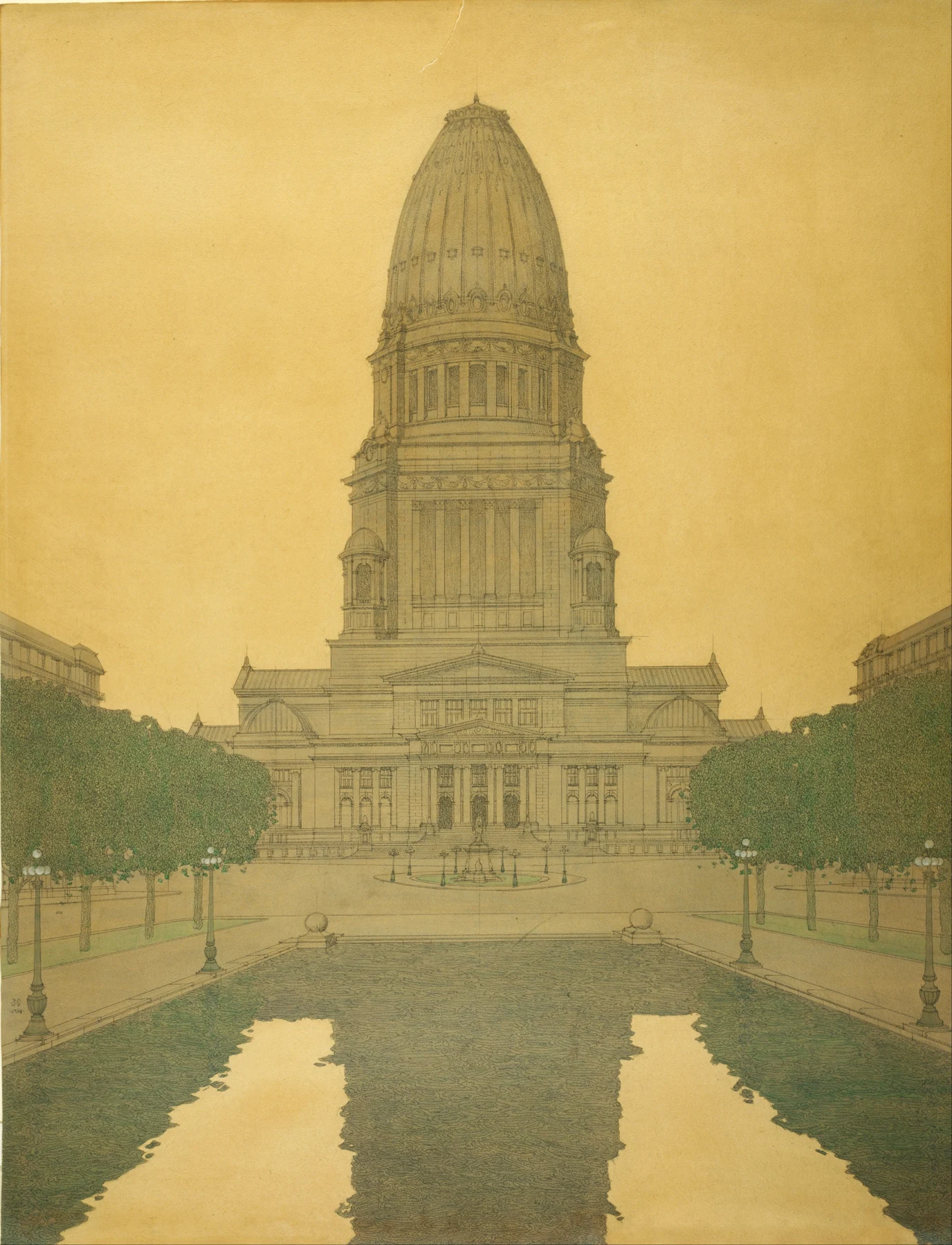 Jules Guérin’s watercolor view of a grand proposed civic center for Chicago, 1908.