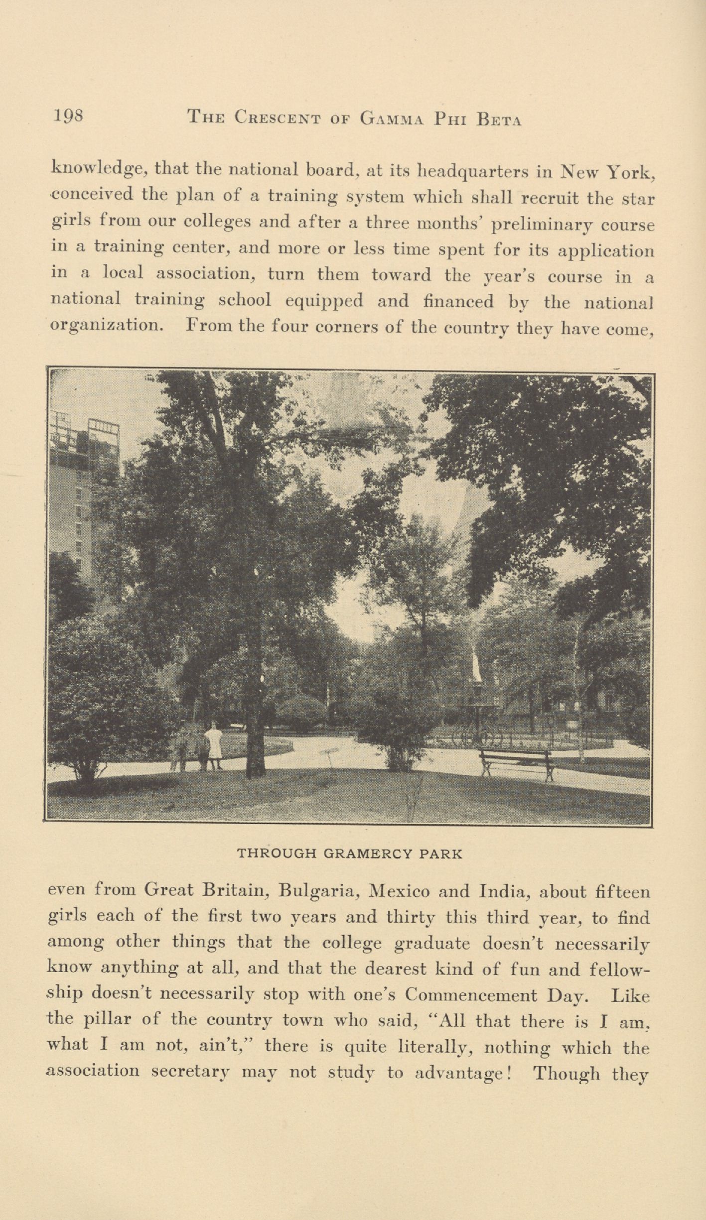 A 1911 photograph of tree-lined paths, benches and the fence inside Gramercy Park.