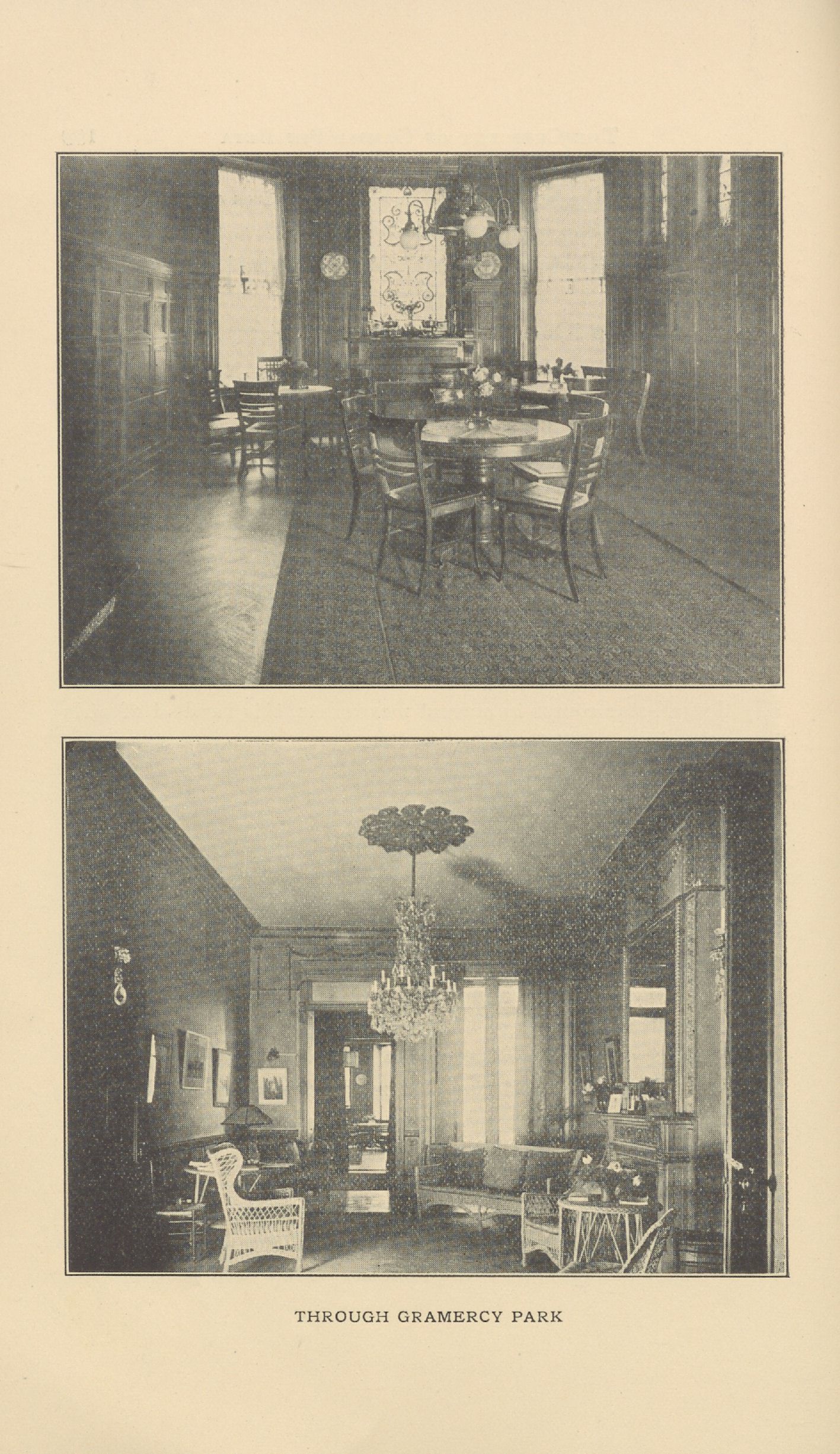 Two historic interior photographs: a room with round tables beneath a chandelier, and a long furnished room with wicker chairs and a large wall mirror.