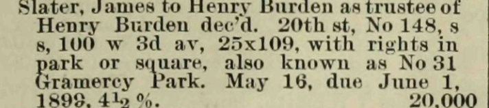 The May 1894 mortgage entry naming both 148 East 20th Street and 31 Gramercy Park.
