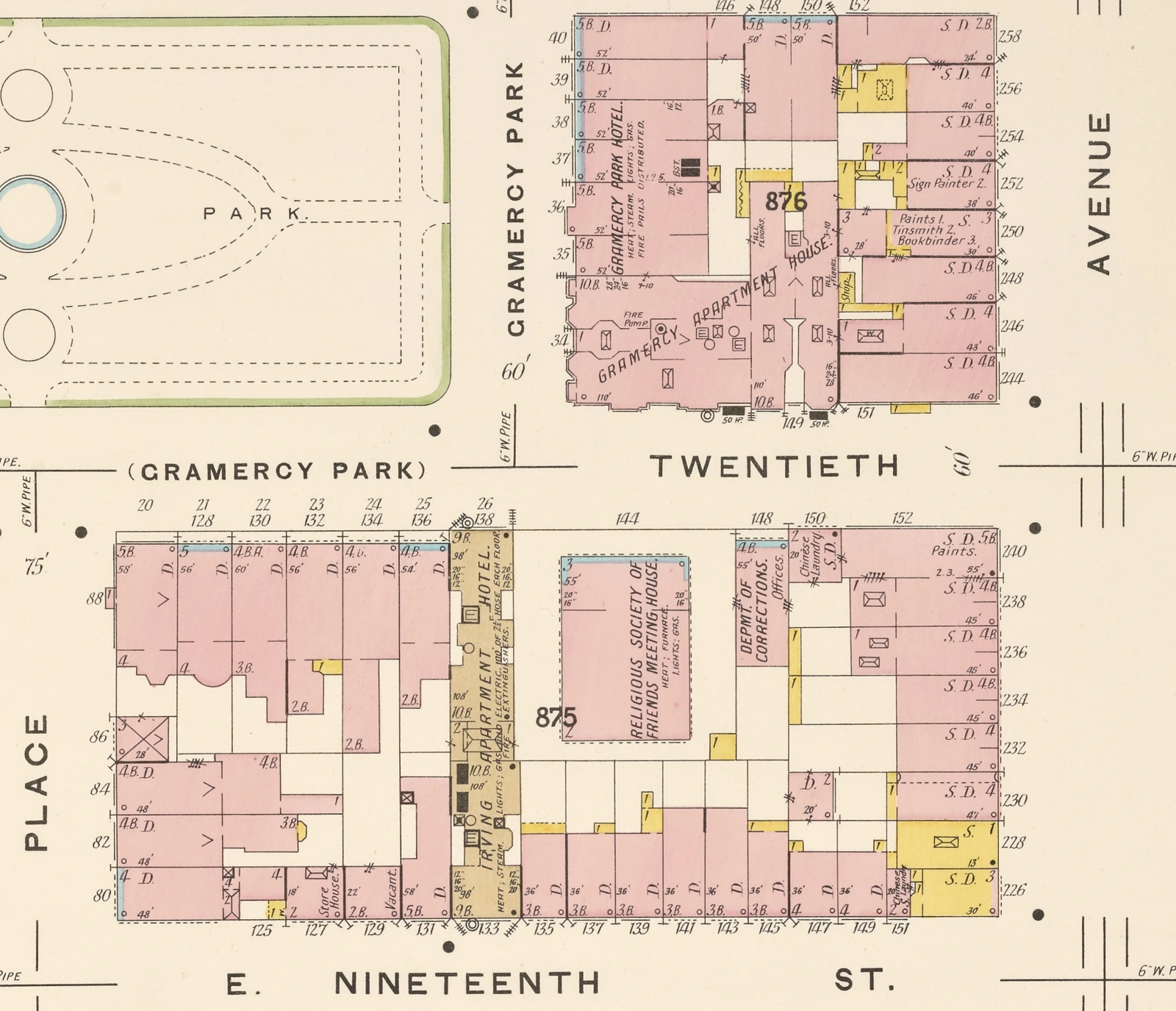 Detail of the 1903 Sanborn map identifying Department of Corrections offices at 148 East 20th Street, beside the Friends meeting house.