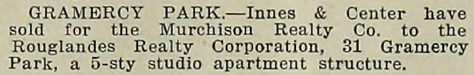The August 1919 sale notice describing No. 31 as a five-story studio apartment structure.
