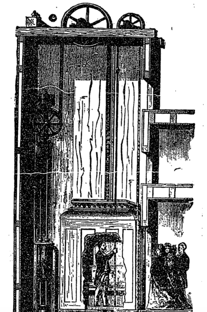 Historic illustration of an elevator car, its ropes and pulleys, with passengers waiting at a landing.