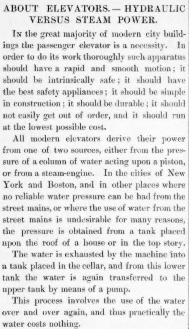 Otis’s 1883 explanation of a hydraulic elevator using a roof tank, cellar tank and pump