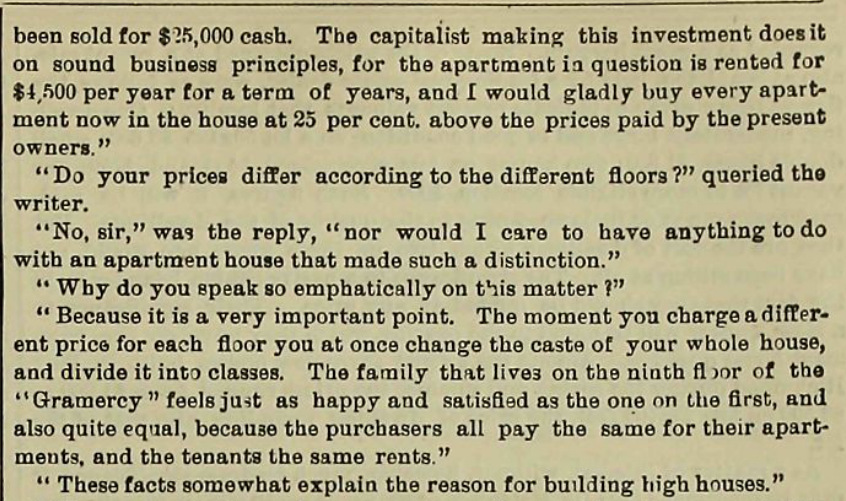 The 1883 interview reporting a $25,000 resale and explaining equal prices on every floor