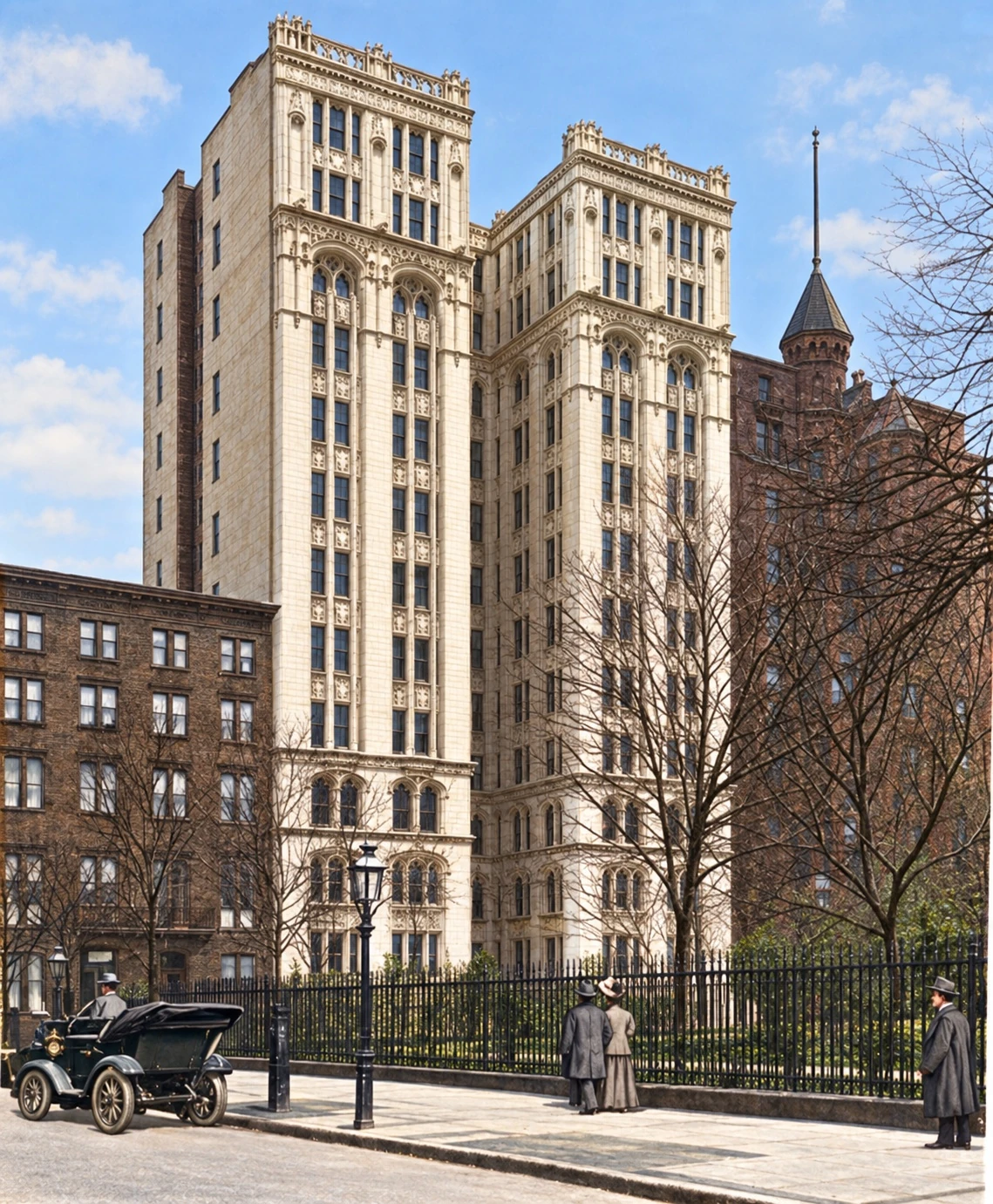 An early view of 36 Gramercy Park East with its two tall wings, rooftop figures and the Park fence in the foreground.