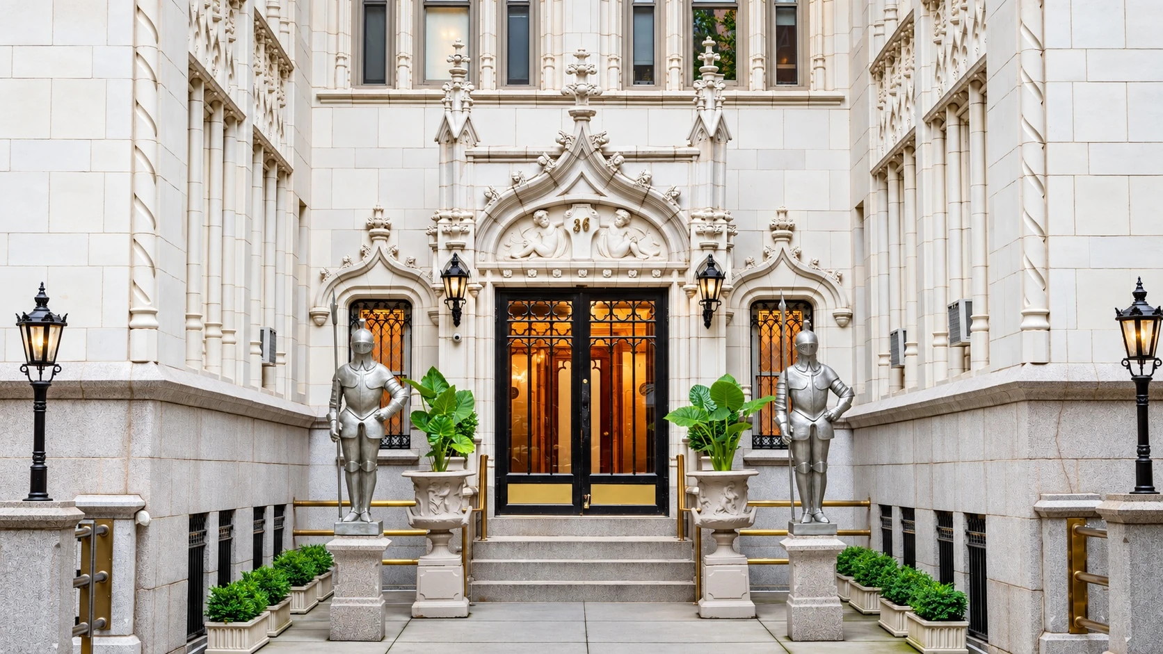 The entrance to 36 Gramercy Park East, with two armored knights, white terra cotta, lanterns and green plants.