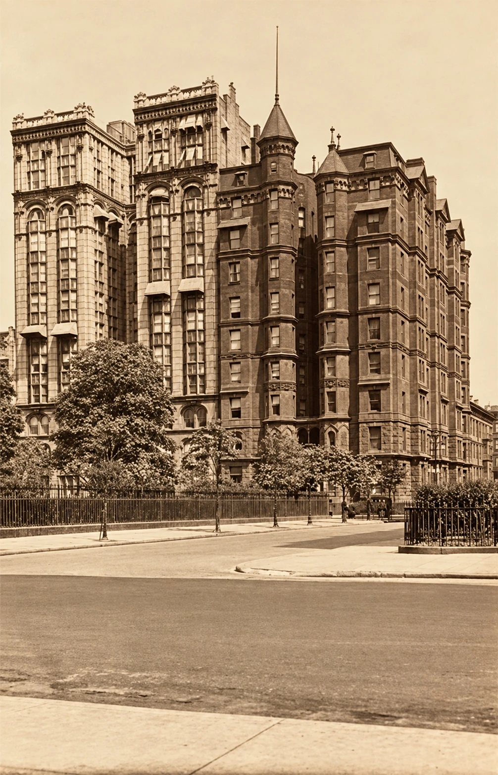 A historic street view showing pale No. 36 at left and the darker turreted No. 34 at right.