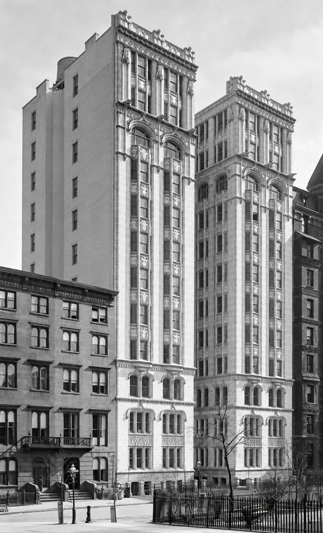 An early photograph of 36 Gramercy Park East, showing its Gothic facade, two tall wings and recessed entrance court.