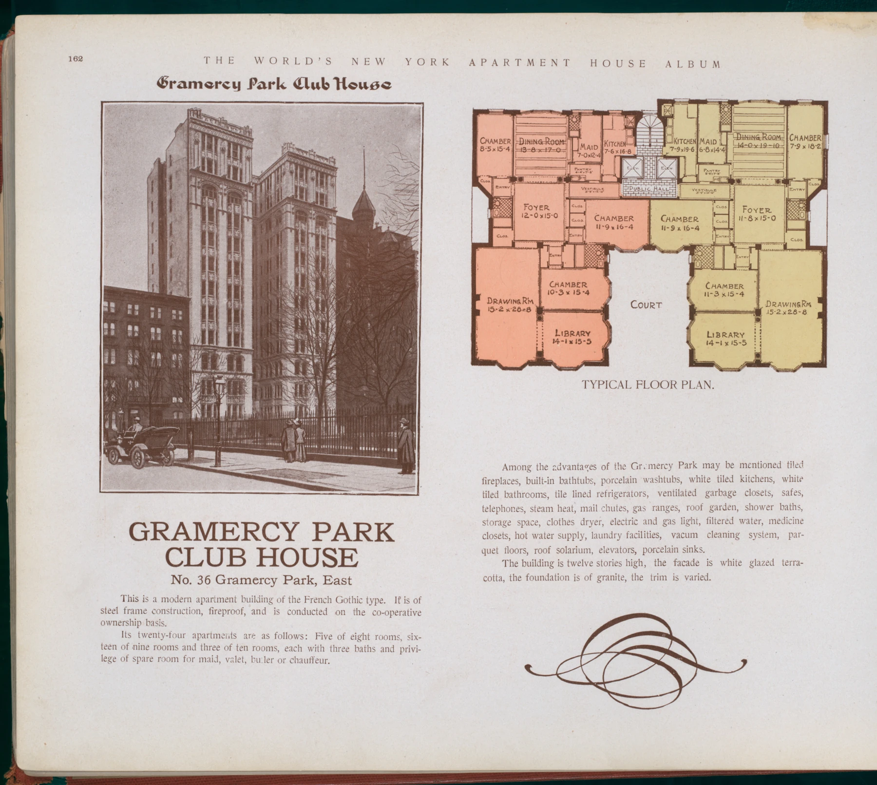 The 1910 prospectus showing the original building and a colored floor plan with two apartments around the entrance court.