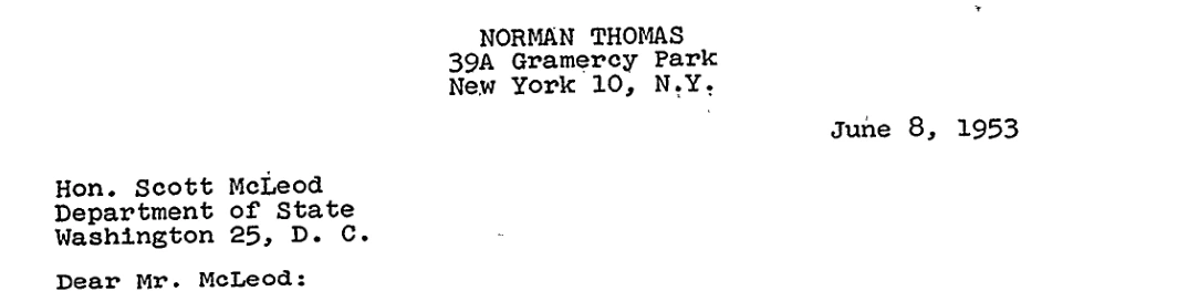 The heading of Norman Thomas’s June 8, 1953 letter, showing 39A Gramercy Park and its date.