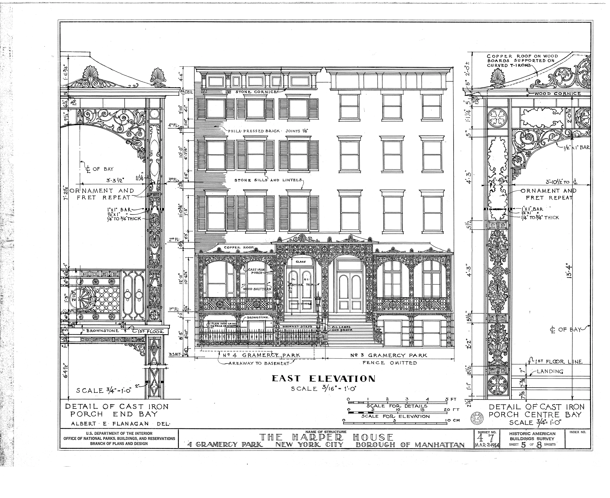 A measured elevation of the paired houses, with No. 3 labeled on the right, flanked by enlarged drawings of cast-iron porch ornament.
