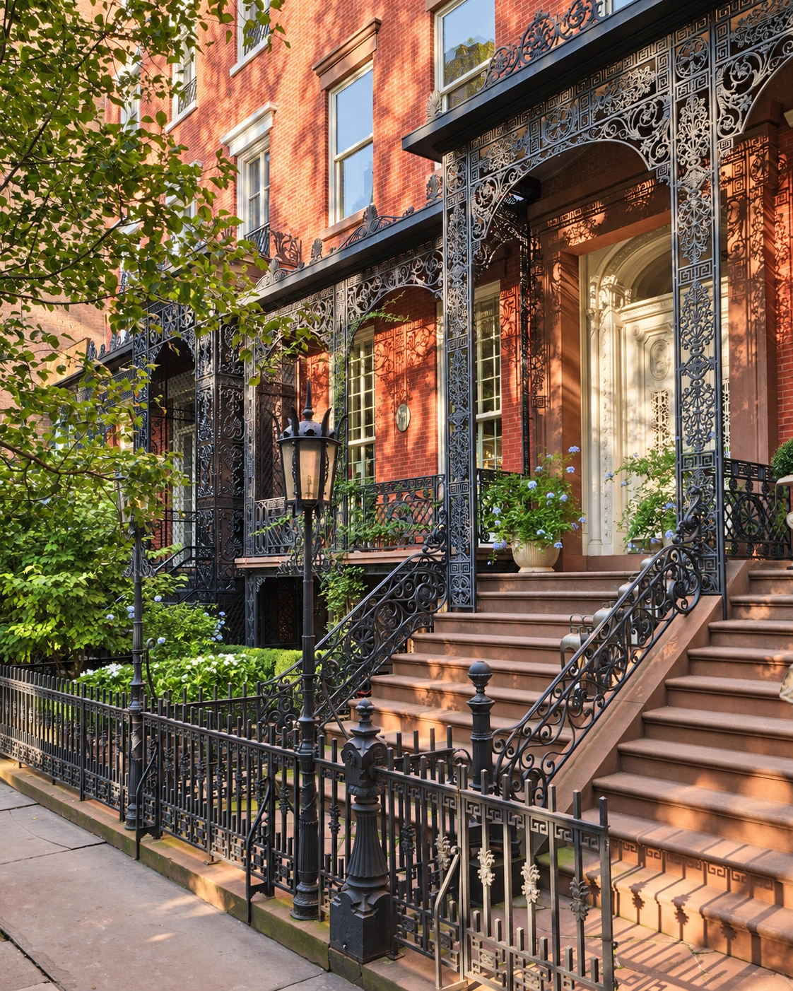 The red-brick Harper House with its cast-iron porch, white doorway, entrance steps and mayor’s lamps.