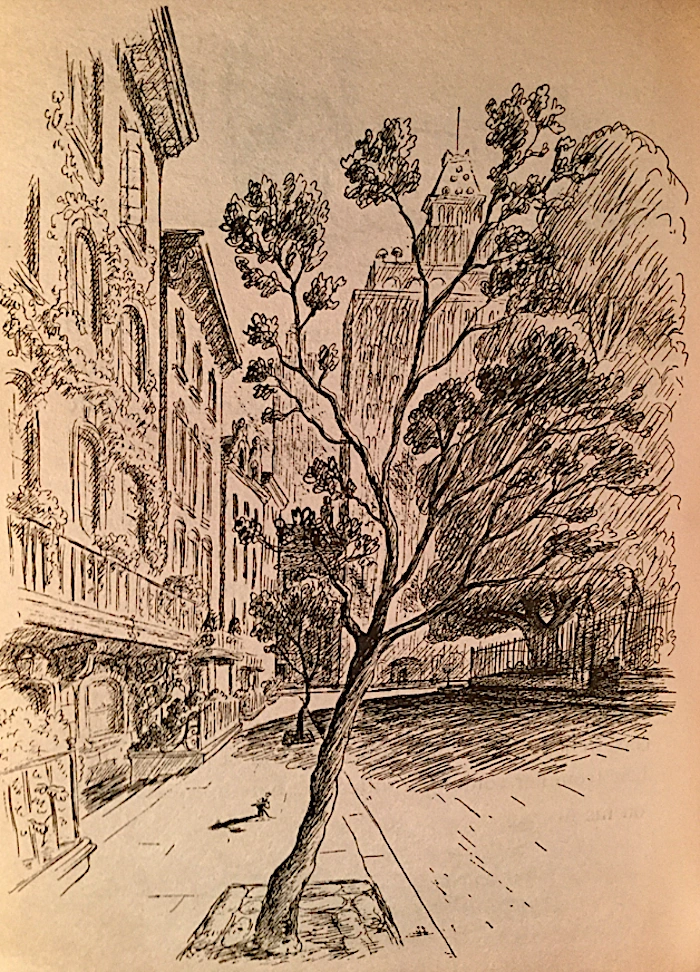 Garth Williams’s drawing of Stuart Little on a sidewalk beside a row of houses facing a fenced, tree-filled park.
