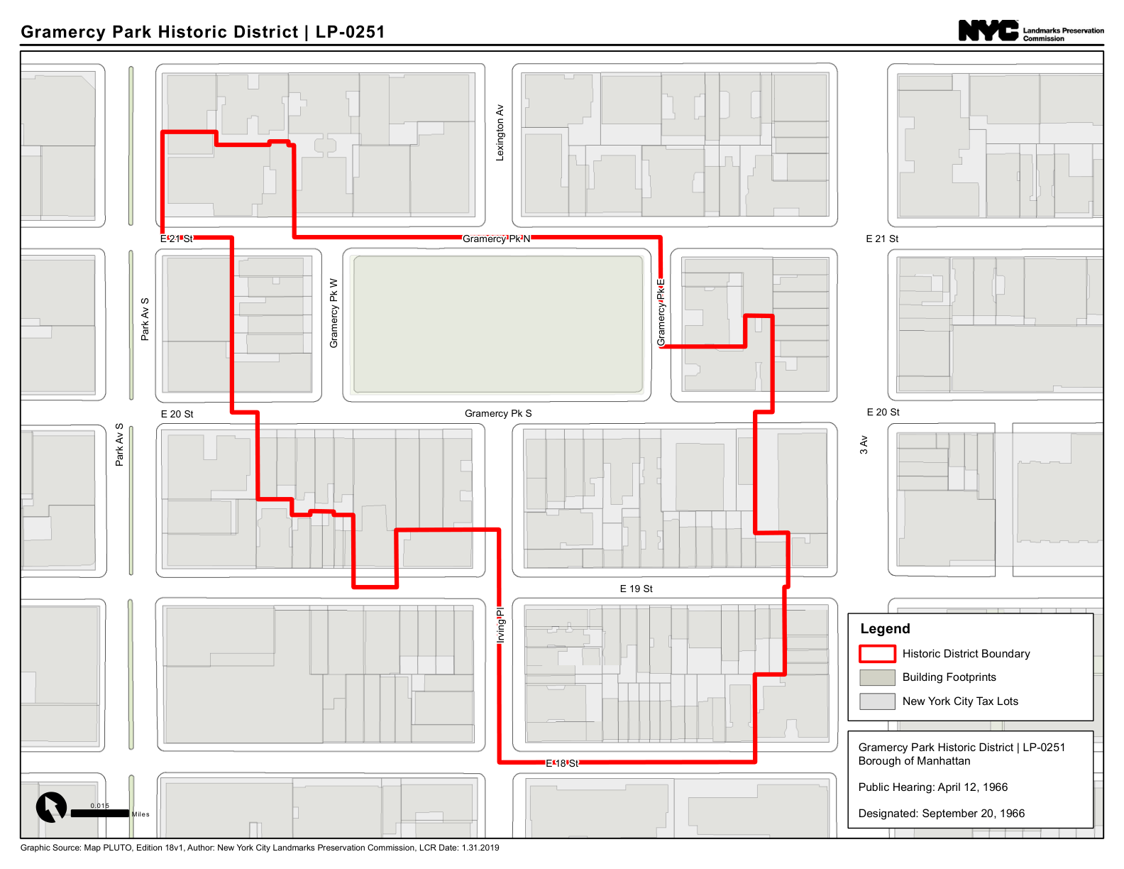 Official Landmarks Preservation Commission map of the Gramercy Park Historic District; the north-side block east of Lexington Avenue is outside the boundary.