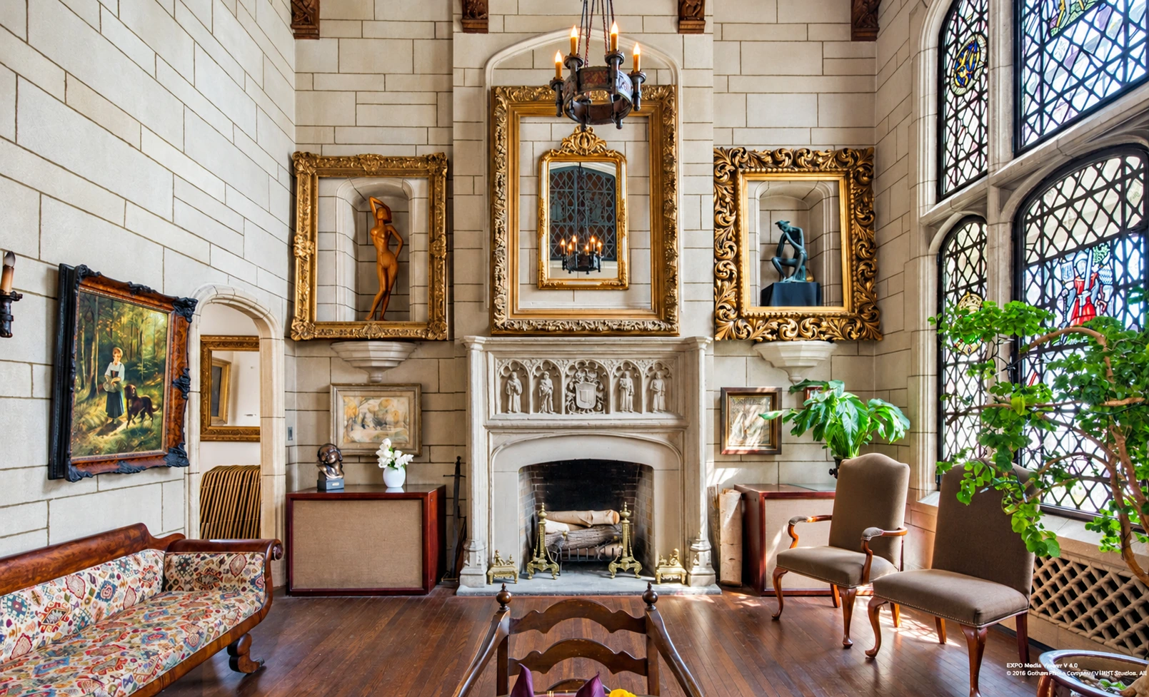 Carved fireplace, gilded picture frames and stained glass in the Aranyi–Llorente apartment.