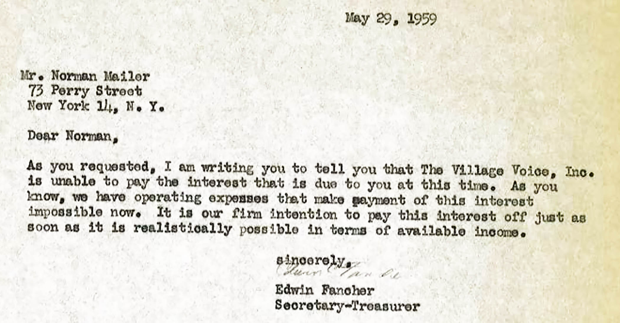 Fancher’s May 29, 1959 letter to Norman Mailer explaining why The Village Voice could not yet pay the interest it owed him.