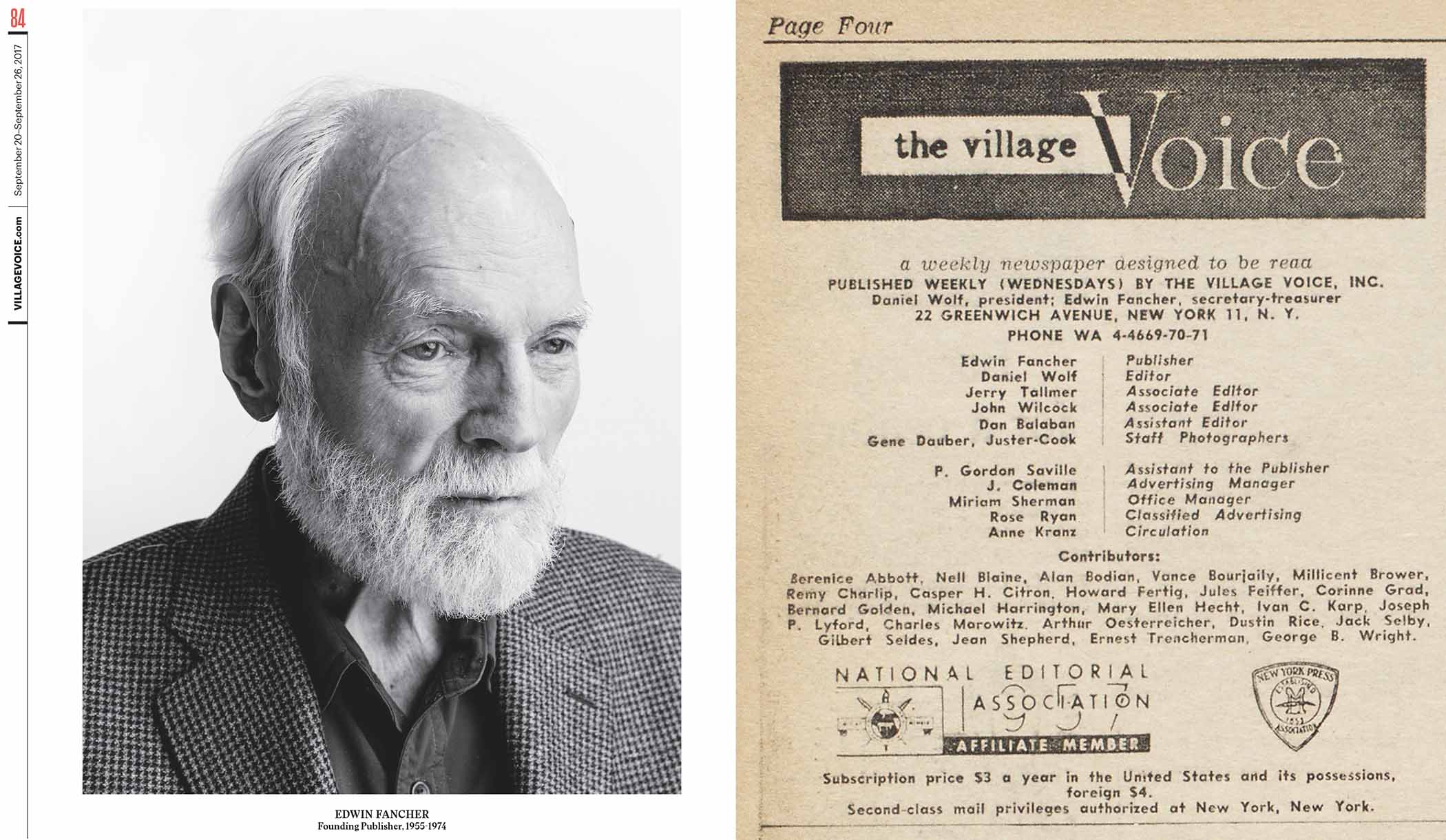 Edwin Fancher’s 2017 portrait beside The Village Voice masthead dated April 10, 1957, naming him publisher.