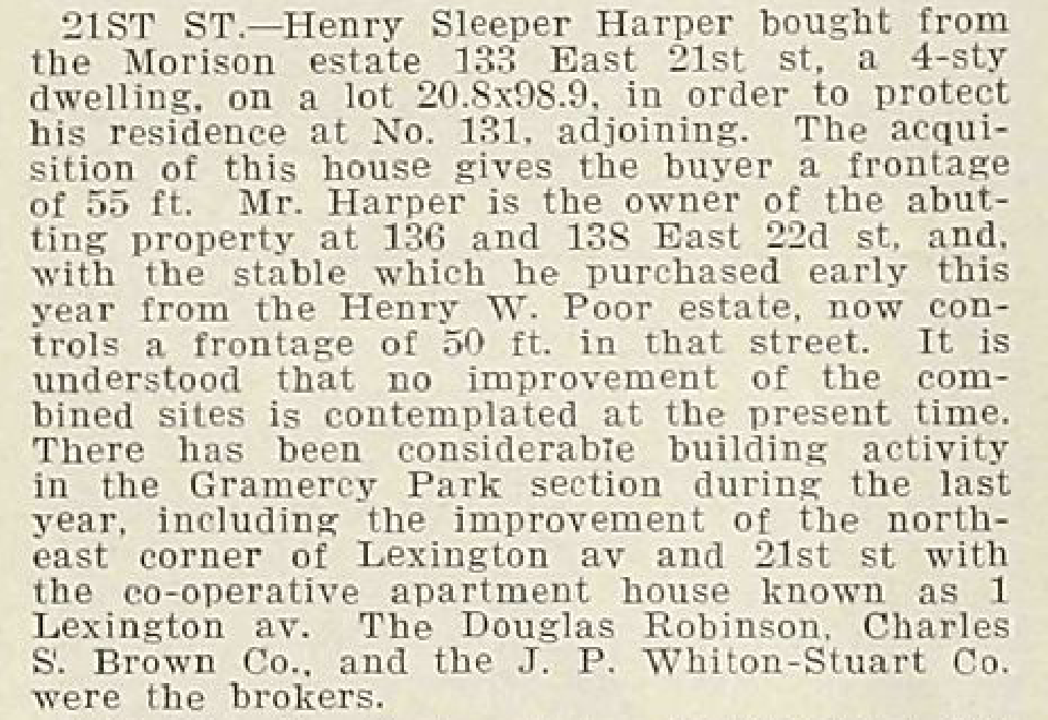 A 1911 newspaper report of Henry Sleeper Harper buying the house beside his home on East 21st Street.