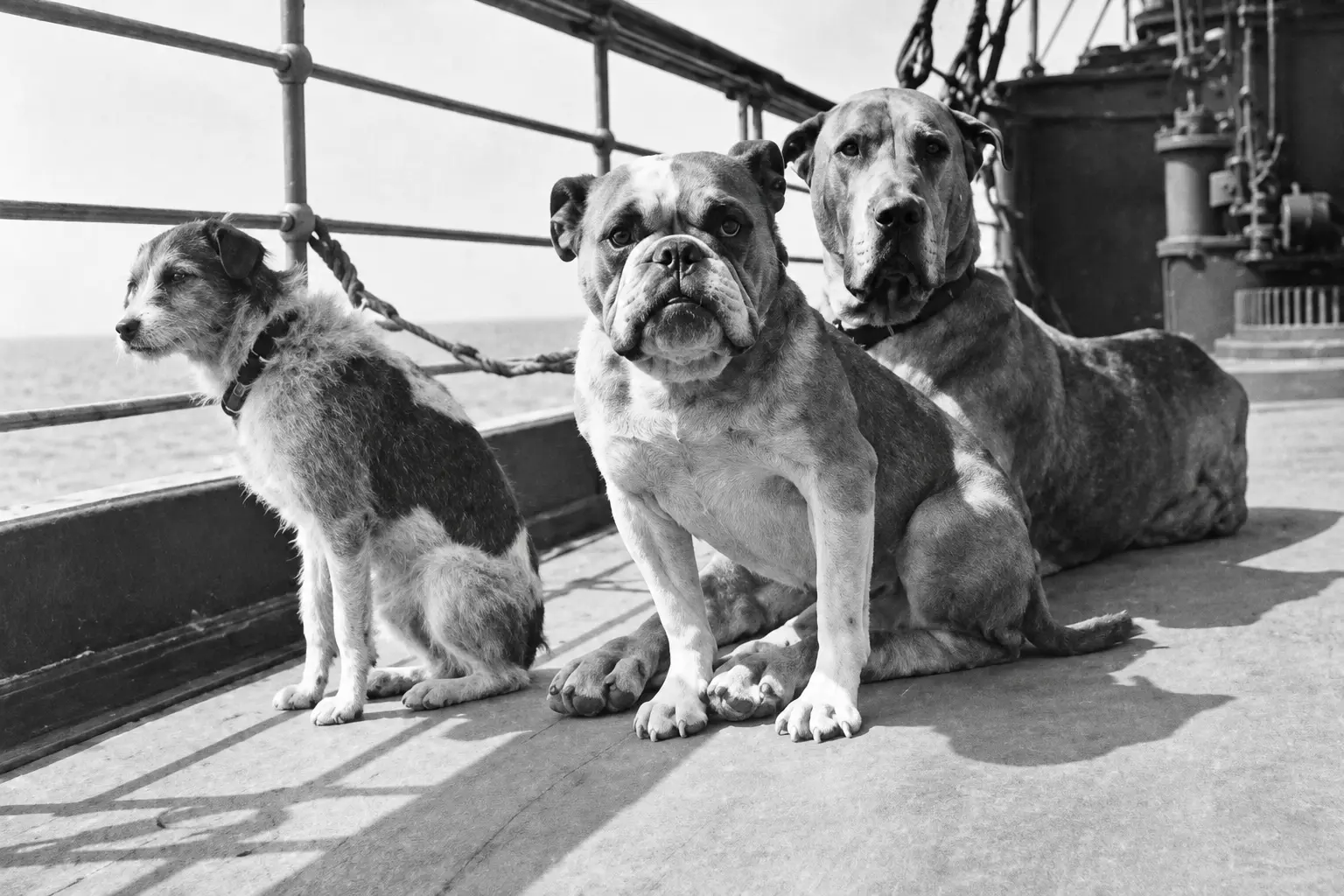 Three dogs sitting together beside the railings on a ship’s deck.