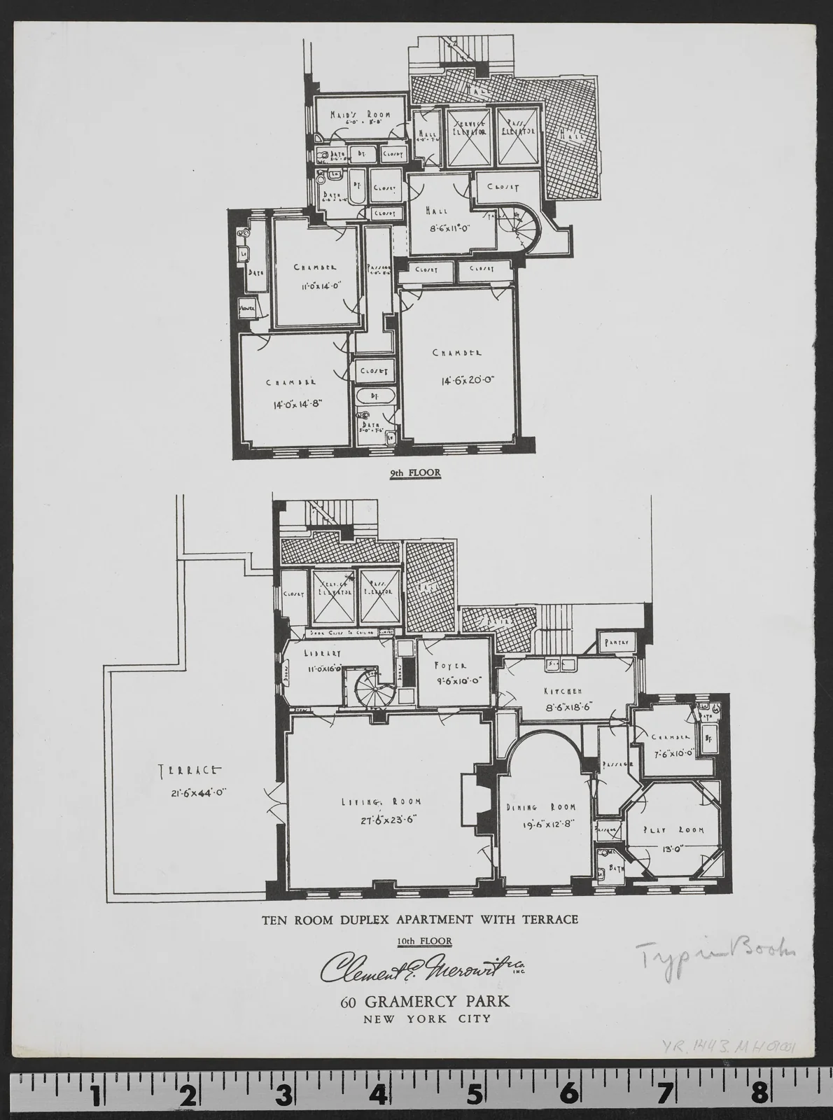 An undated brochure floor plan for a ten-room duplex on the ninth and tenth floors of 60 Gramercy Park.
