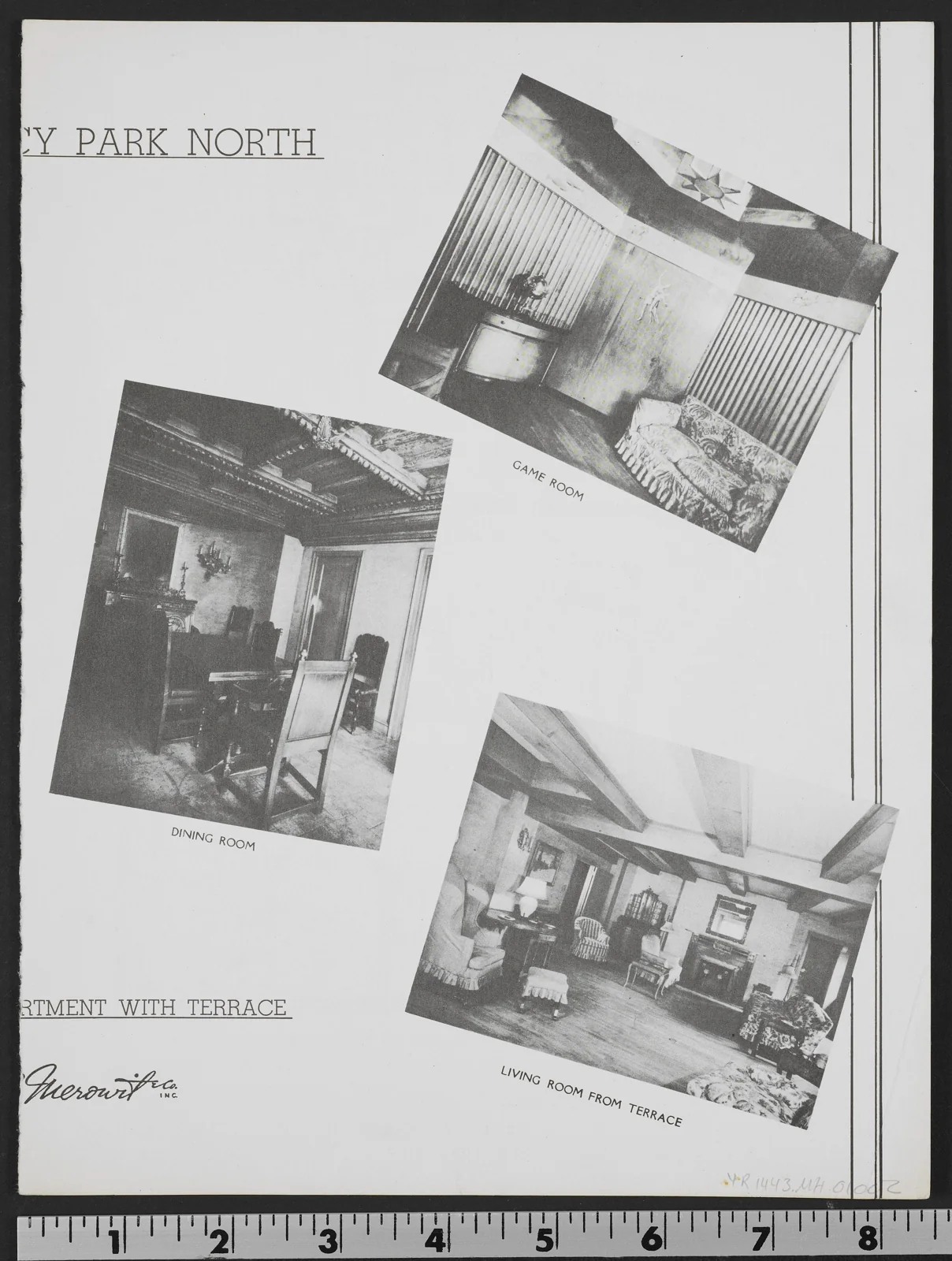 Three period brochure photographs showing a game room, formal dining room and beamed living room.