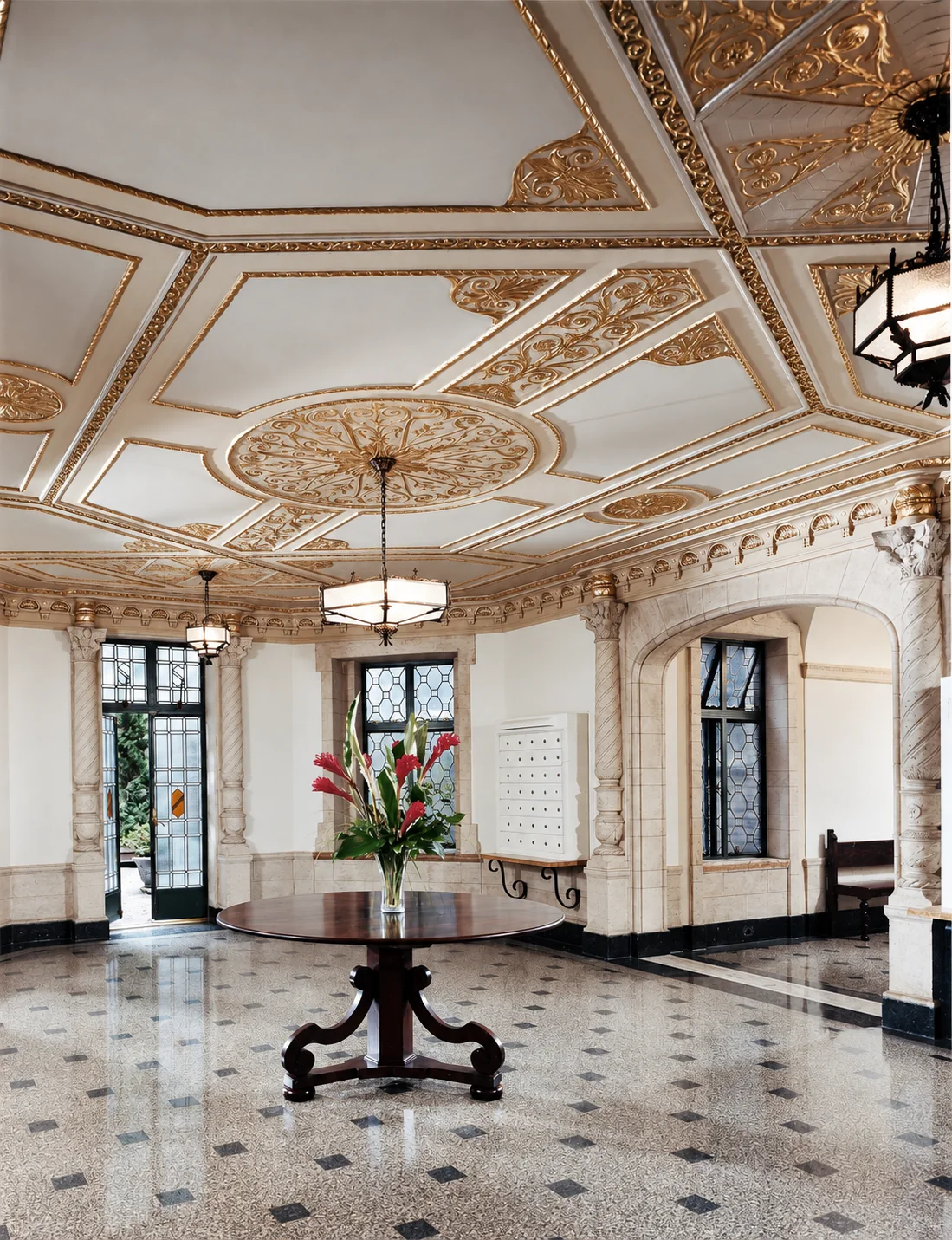 The restored rotunda with gilded ceiling ornament, leaded windows and a round table.
