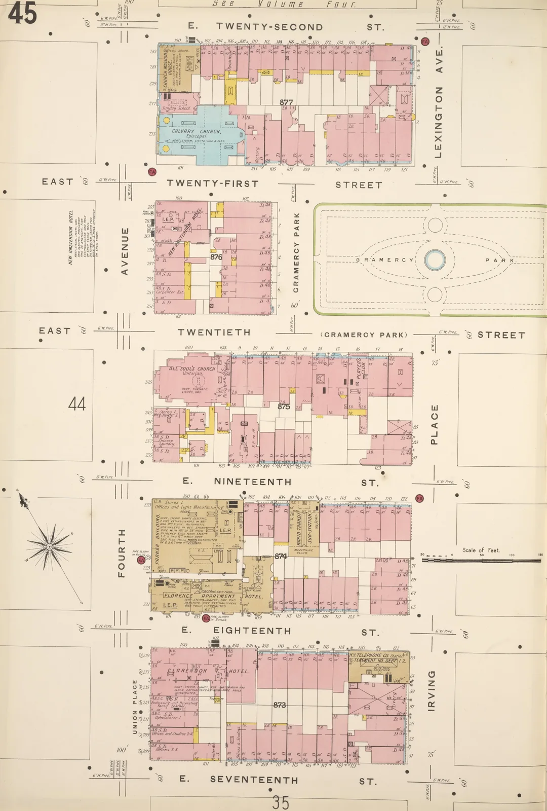 A 1903 Sanborn map showing Gramercy Park, Calvary Church and the separate house lots to its east.