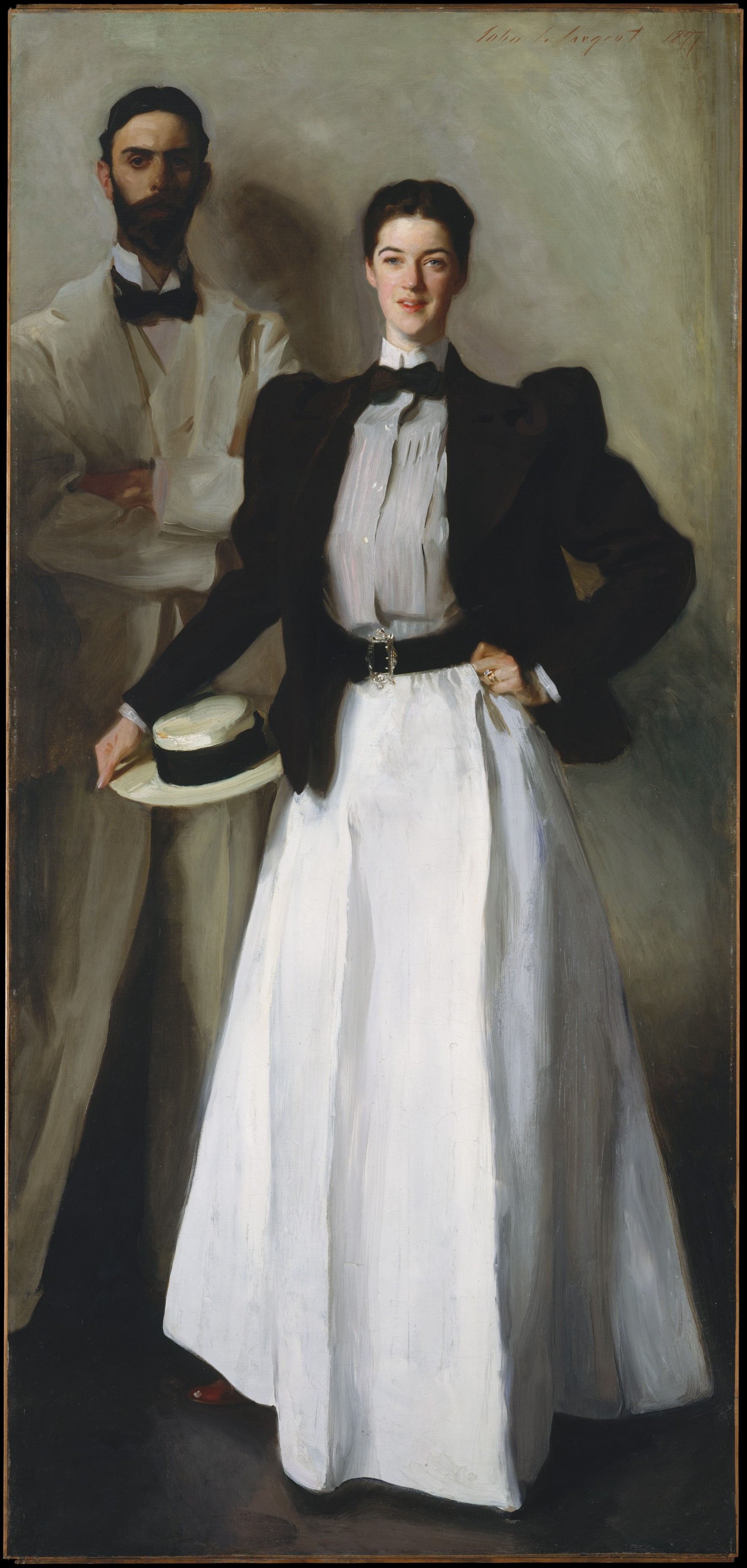 John Singer Sargent’s 1897 portrait of Edith Minturn Stokes holding her hat, with her husband standing behind her.
