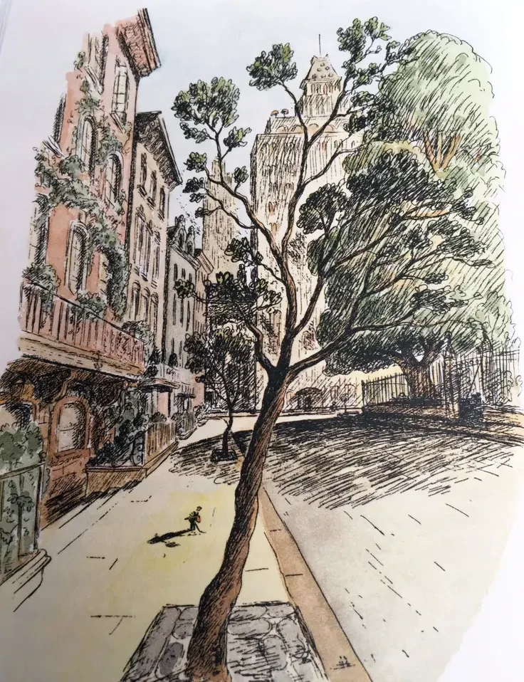 Garth Williams’s illustration of a street beside a fenced park, with an ornate tower above the trees.