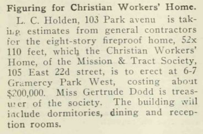 The November 16, 1912 Record and Guide notice naming architect L. C. Holden and the Christian Workers’ Home at 6–7 Gramercy Park West.