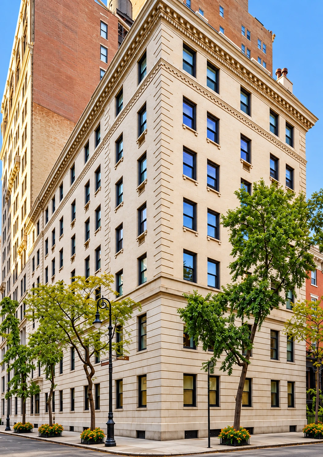7 Gramercy Park West at the corner of East 20th Street, with its pale brick facade and stone trim.