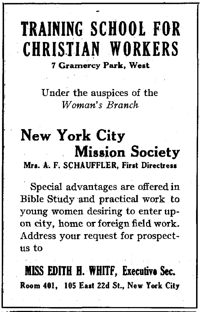 A 1920 advertisement for the Training School for Christian Workers at 7 Gramercy Park West.