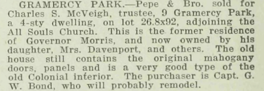A March 22, 1919 real-estate notice announcing the sale of 9 Gramercy Park to Captain G. W. Bond and describing its mahogany doors and panels.