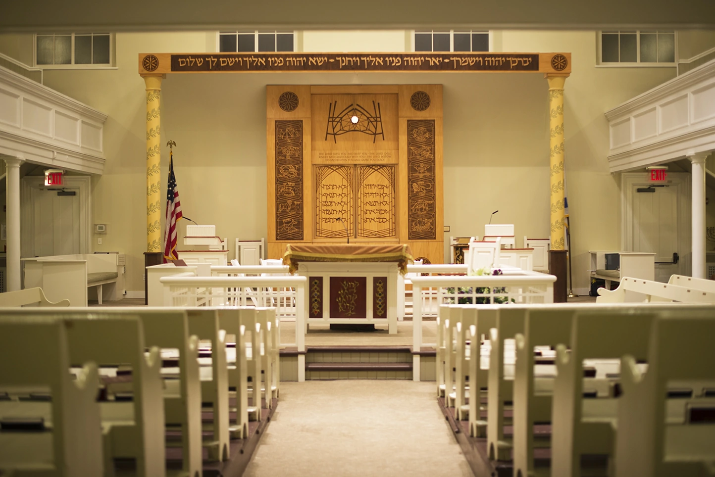 Brotherhood’s sanctuary, with wooden pews, balcony and ark.
