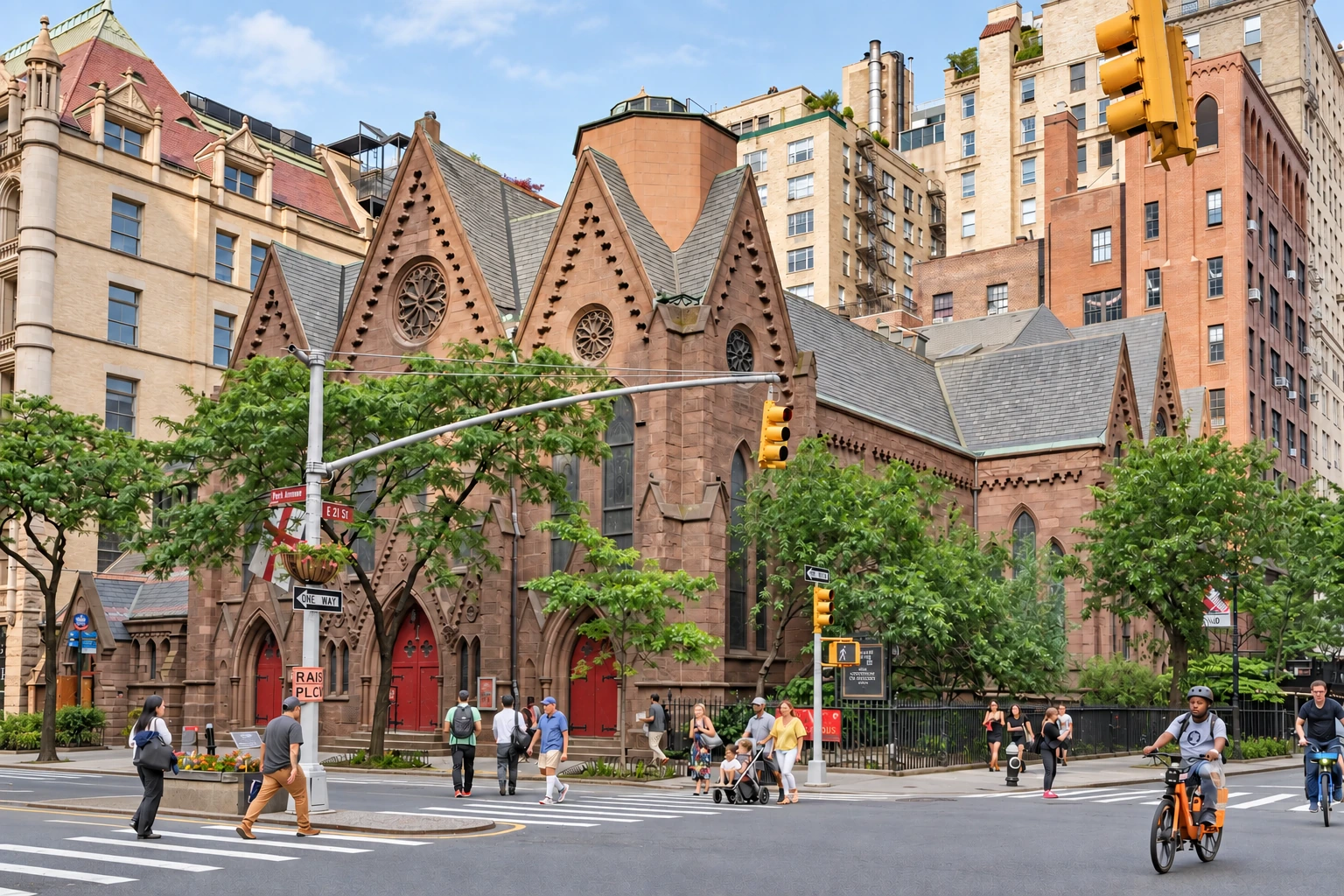 Calvary’s low brownstone Gothic church seen across Park Avenue South, with taller buildings behind it.