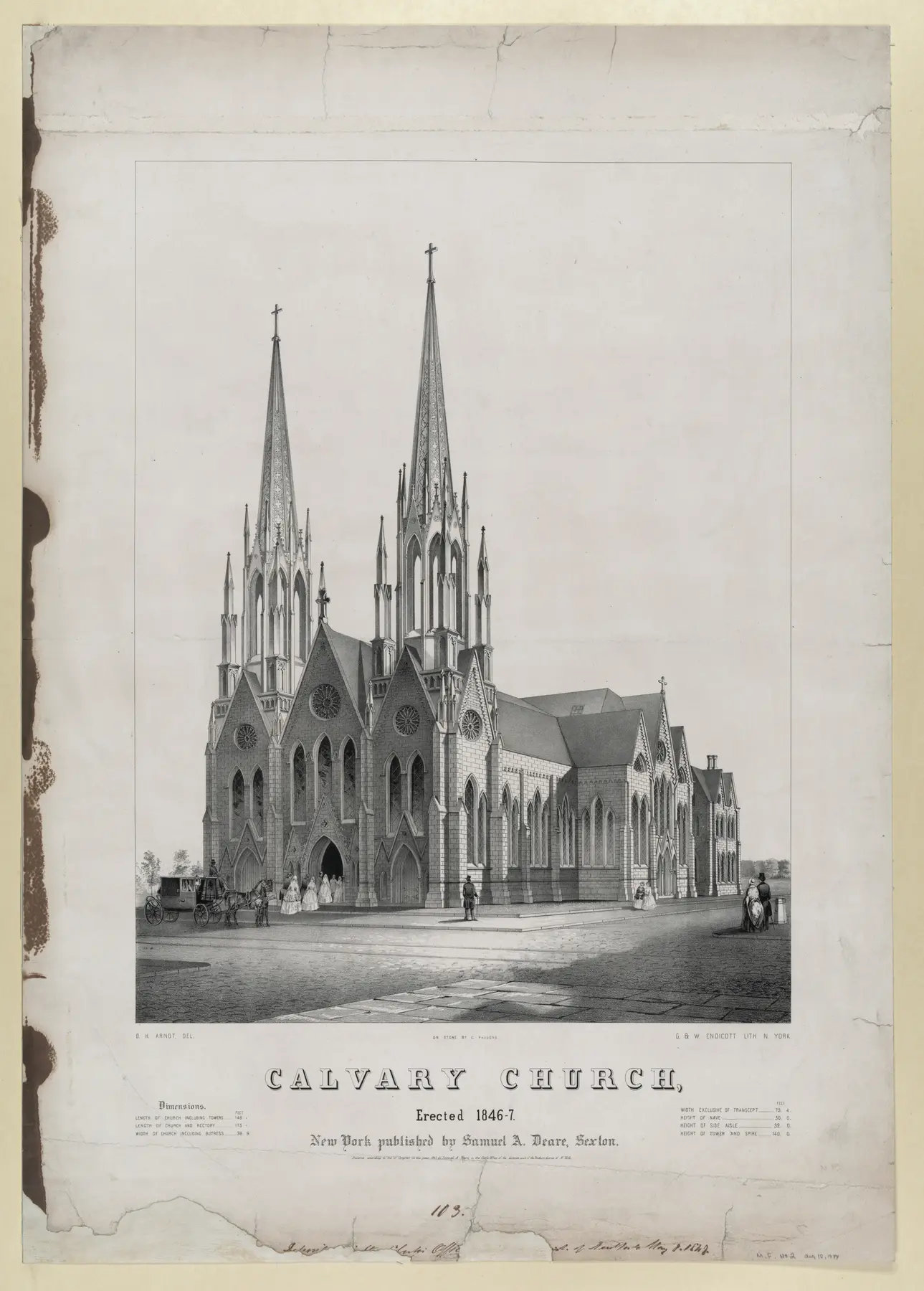 An 1847 architectural print of Calvary Church with two tall pointed spires, Gothic windows, carriages and pedestrians.