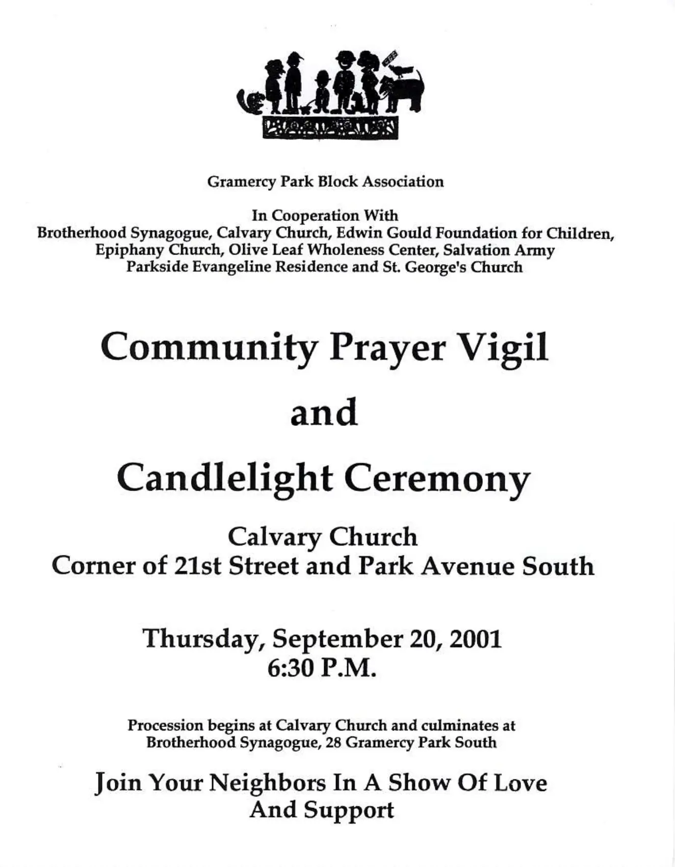 GPBA flyer announcing the community prayer vigil at Calvary on September 20, 2001, at 6:30 p.m., followed by a procession to Brotherhood Synagogue.